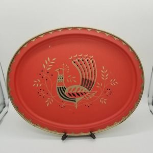 Vintage Fab Craft Metal Tray RETRO Folk Art Bird Peacock MCM Red Gold Brass